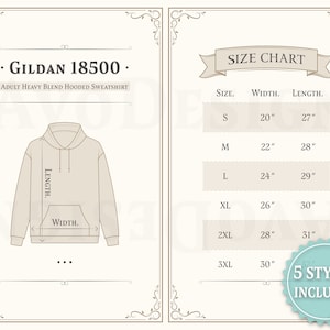 Gildan 18500 Hoodie S to 3XL Size Chart, Adult Heavy Blend Hooded Sweatshirt Size Guide, Imperial Size Guide, Size Chart in US
