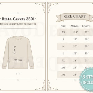 Peut inclure: Tableau des tailles pour un t-shirt en jersey à manches longues unisexe. Le tableau indique les tailles XS à 3XL avec les mesures de largeur et de longueur correspondantes en pouces.