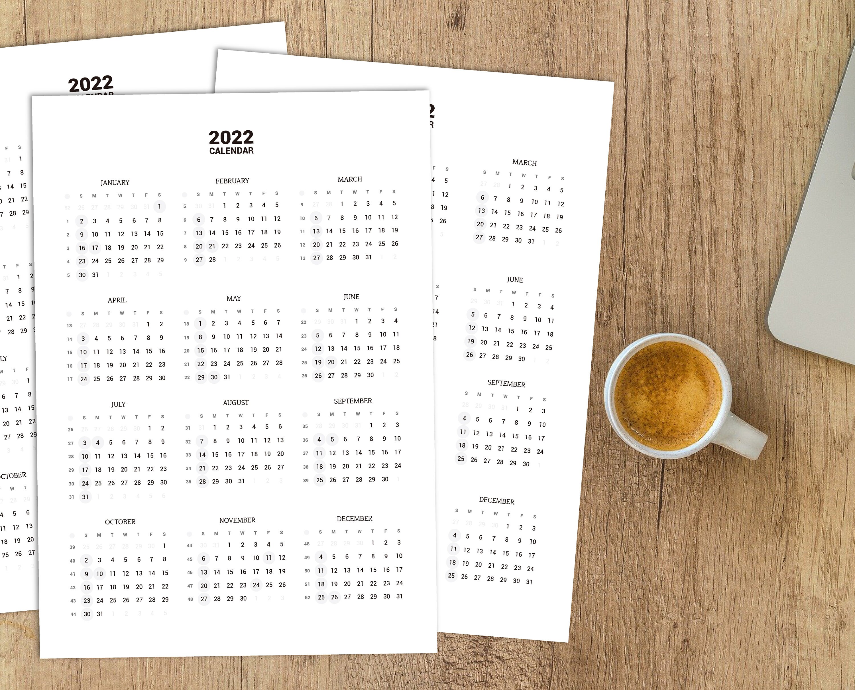 2022 Printable Calendar Annual L 3 Vertical Types A4 US - Etsy