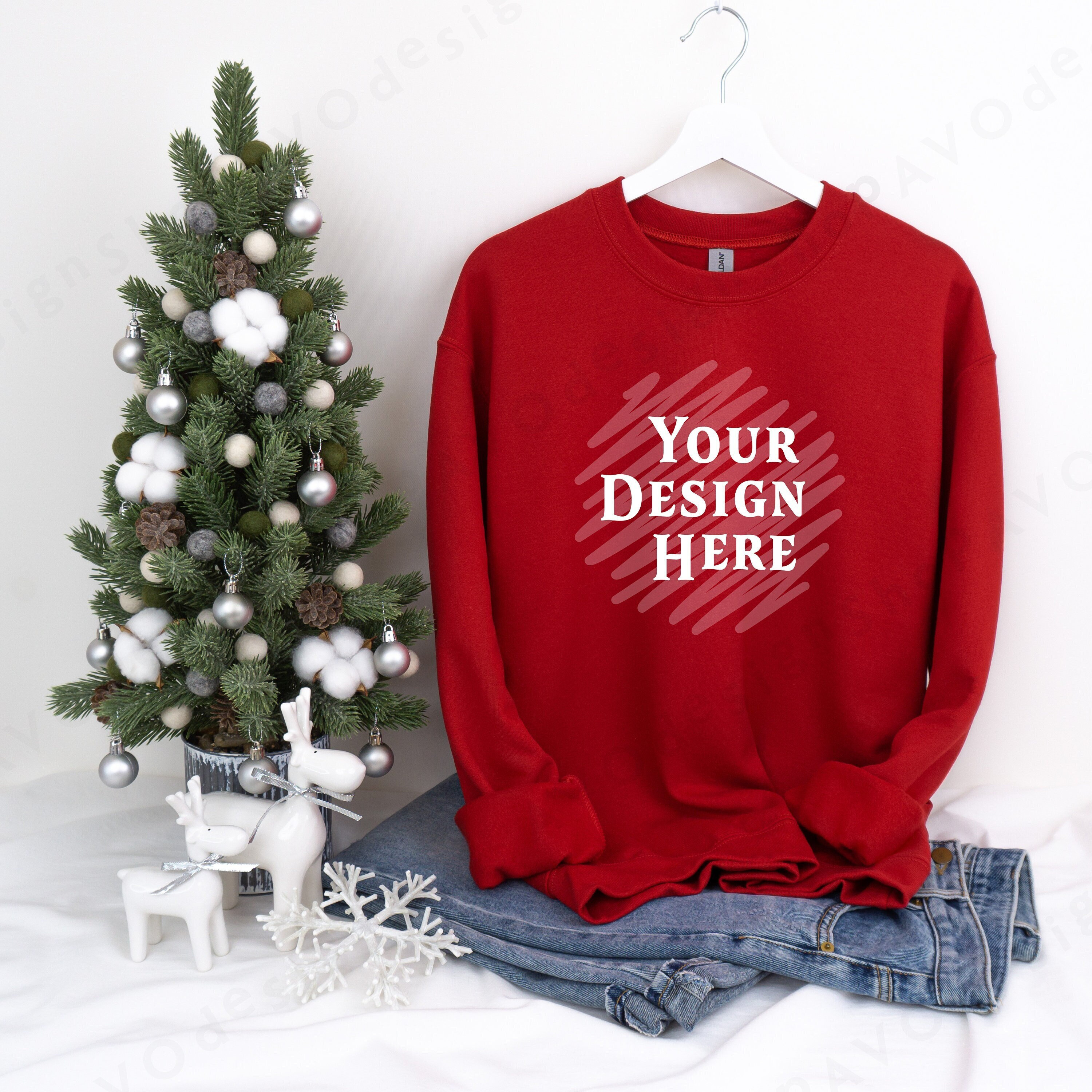 Gildan 18000 Cherry Red Winter Mockup for Christmas, Cherry Red Sweatshirt Mock-Up, Adult Crewneck Sweatshirt Mock up, Holyday MockUp