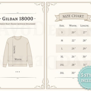 Gildan 18000 Sweatshirt S to 3XL Size Chart, Adult Heavy Blend Crewneck Sweatshirt Size Guide, Imperial Size Guide, Size Chart in US
