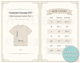 May include: Size chart for a heavyweight adult tee shirt. The chart shows the width and length of the shirt in inches for sizes S through 4XL. The text "Comfort Colors 1717" is at the top of the chart.
