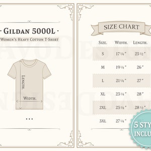 Guía de tallas de camiseta Gildan 5000L, guía de tallas de camiseta de algodón grueso para mujer, camiseta de algodón de peso medio para mujer, tamaño imperial (pulgadas), tabla de tallas en EE. UU.