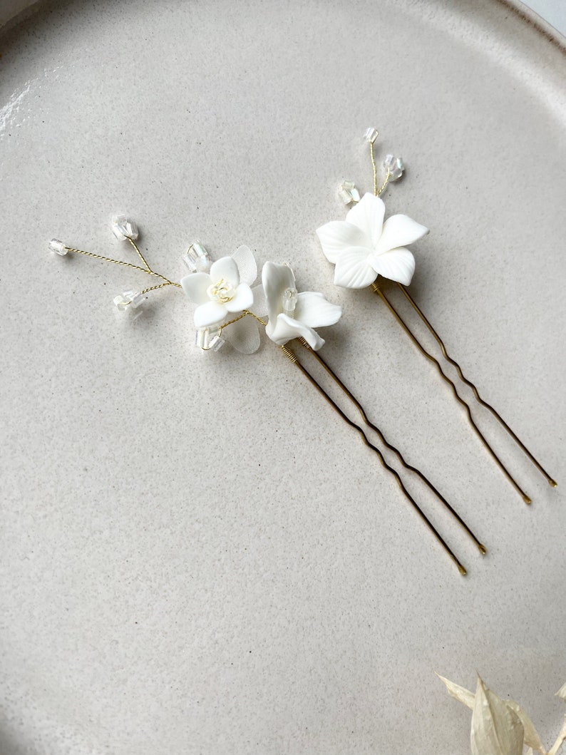 Gold-colored bridal hairpins with ceramic flowers and pearls bridal accessories, for the wedding, for the bridal hairstyle, hair accessories image 9