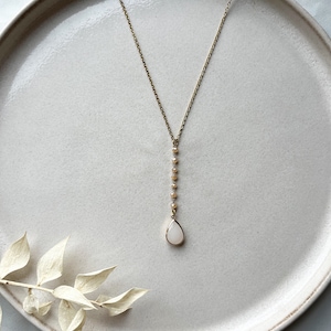Stainless steel necklace with peach-colored pearls and drop pendant / as bridal jewelry gold / Y-chain / gift idea