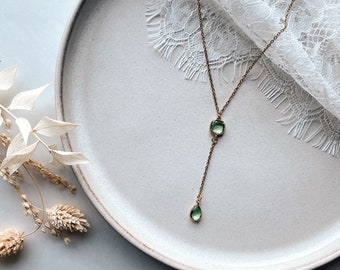 Handmade necklace with glass connector and teardrop pendant gold, green/ bridal jewelry / for the wedding / Y-chain/ gift for Christmas, birthday