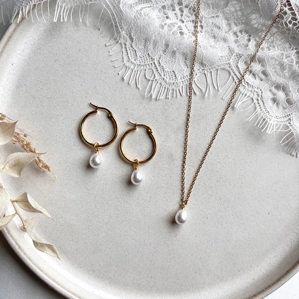 Brautschmuck Set mit Perlen / zur Hochzeit / Perlenohrring, Perlenkette / Geschenk zum Geburtstag, Weihnachten