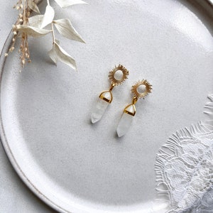 Boho bridal earrings studs - sun with crystal pendant