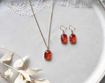 Handgemachtes Brautschmuckset in Gold - mit orangefarbenen Glasanhängern / Kette & Ohrringe / zur Hochzeit / Geschenkidee Geburtstag SALE