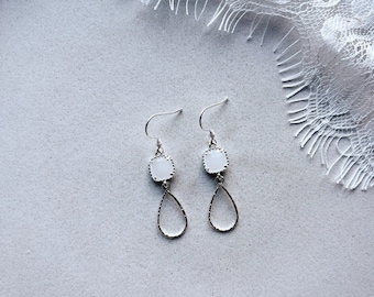 Bridal earrings with white stone and drop pendant in silver / gift for Christmas, birthday / as bridal jewelry for a wedding