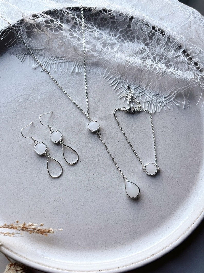 Silver jewelry set with glass pendants in white / as bridal jewelry, for a wedding or in everyday life / gift for Christmas, birthday image 5