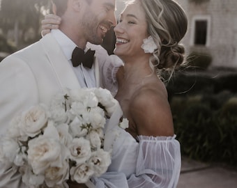 Floral bridal earrings with chiffon flowers and glass pearls - bridal jewelry made of silk flowers, floral jewelry for weddings, earrings