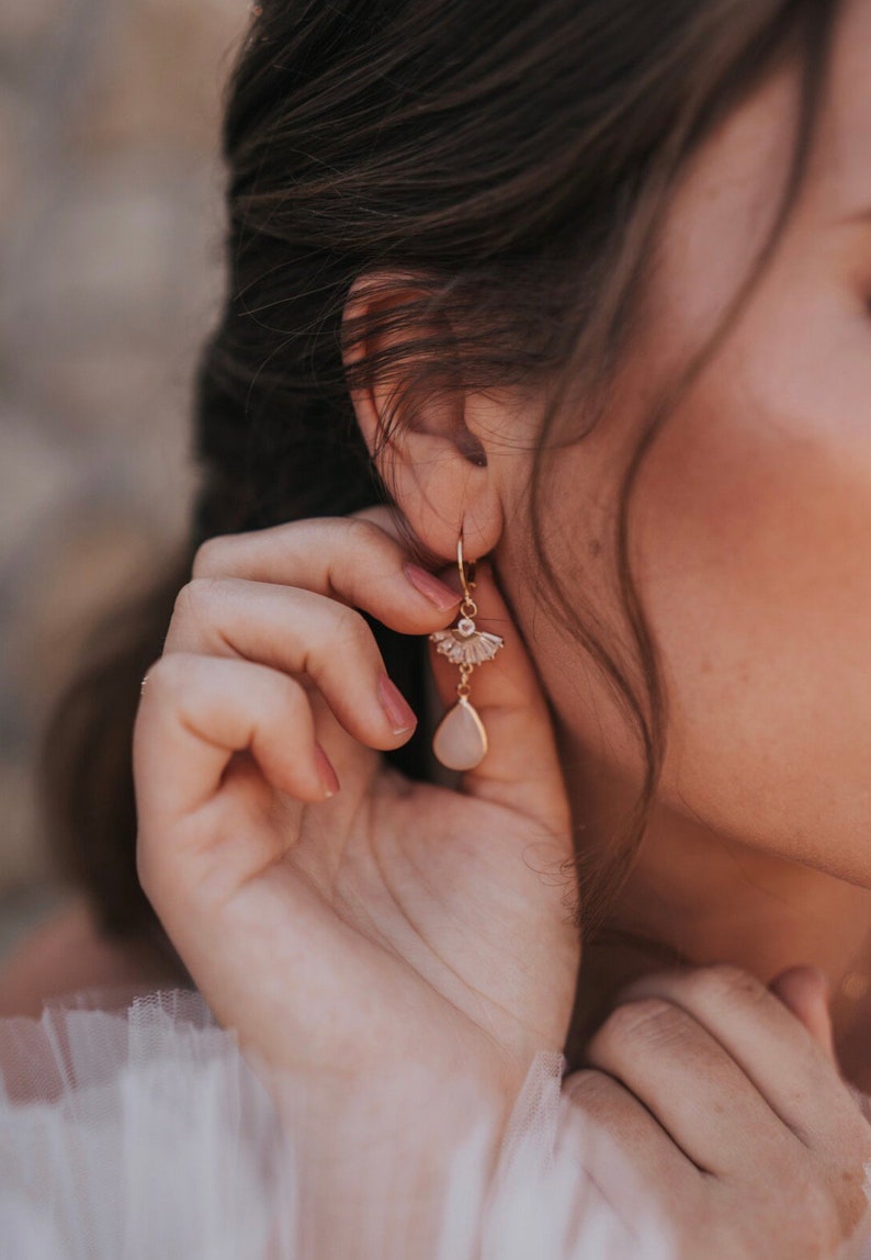 Handmade boho bridal earrings with zirconia fan and drop pendant / rose gold/bridal jewelry/wedding/gift for Christmas, birthday image 9