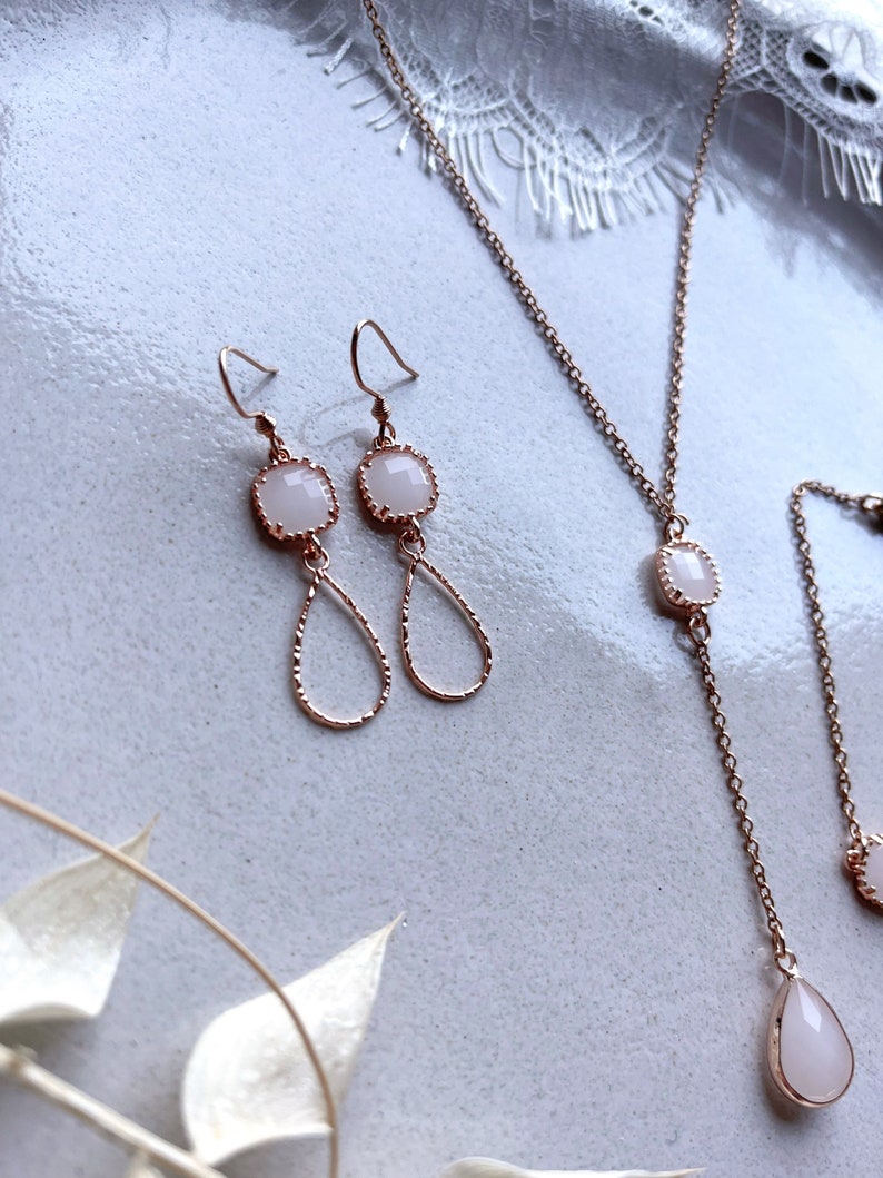 Rose gold jewelry set with glass pendants in cream/as bridal jewelry, for a wedding or in everyday life/gift for Christmas, birthday image 8