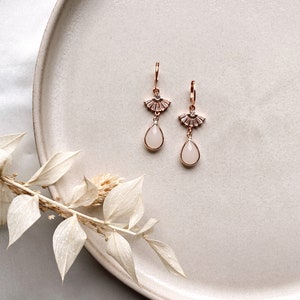 Handmade boho bridal earrings with zirconia fan and drop pendant / rose gold/bridal jewelry/wedding/gift for Christmas, birthday image 2