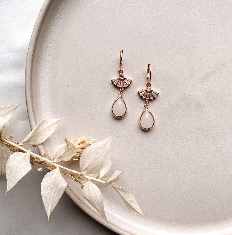 Handmade boho bridal earrings with zirconia fan and drop pendant / rose gold/bridal jewelry/wedding/gift for Christmas, birthday image 2