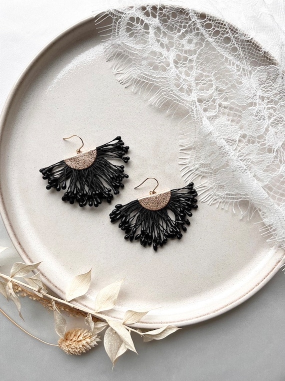 Large Statement Earrings With Black Details and Fan Pendant  display picture 3