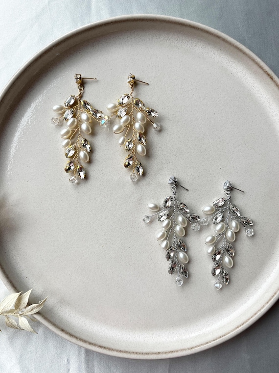Statement Earrings Gold Silver Rose | Bridal Earrings Pearls  display picture 3