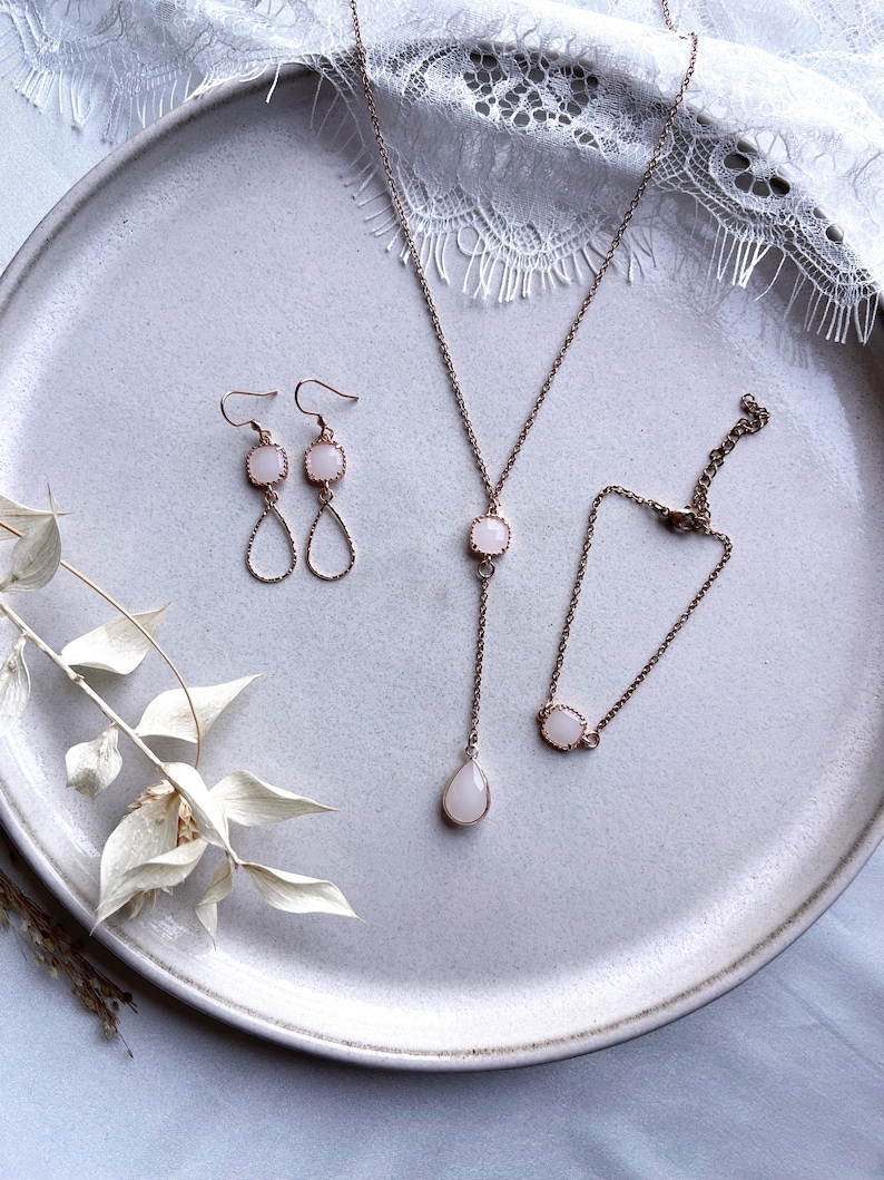 Rose gold jewelry set with glass pendants in cream/as bridal jewelry, for a wedding or in everyday life/gift for Christmas, birthday image 1