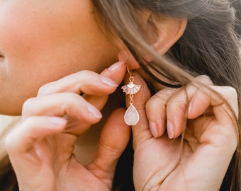 Handmade boho bridal earrings with zirconia fan and drop pendant / rose gold/bridal jewelry/wedding/gift for Christmas, birthday