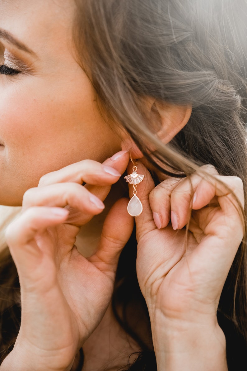 Handmade boho bridal earrings with zirconia fan and drop pendant / rose gold/bridal jewelry/wedding/gift for Christmas, birthday image 1