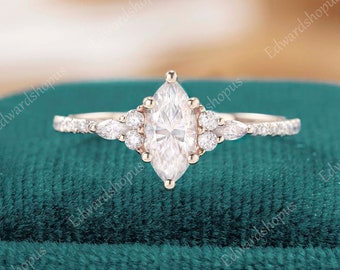 vintage moissanite Engagement Ring Marquise cut vintage Rose gold Women leaf Antique art deco Bridal diamond Unique half eternity gift