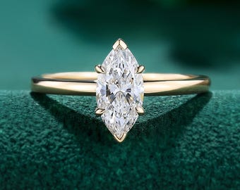 1CT Marquise Cut Lab Diamond Engagement Ring, Solitaire Yellow Gold Ring, Minimalist Classic Lab Grown Diamond Bridal Promise Ring for Women