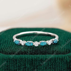 turquoise wedding band women Vintage moissanite half eternity white gold marquise cut wedding band match Stacking diamond band gift for her