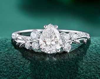Pear Lab Diamond Engagement Ring, Vintage Vine Leaf White Gold Ring, IGI Certified Bridal Proposal Ring For Women