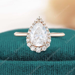 vintage Pear shaped moissanite engagement ring women rose gold engagement ring unique diamond wedding ring halo anniversary art deco ring