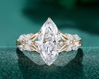 Iris Flower 2CT Lab Diamond Engagement Ring, Marquise Cut Yellow Gold Ring, Unique Floral Bridal Promise Ring For Women