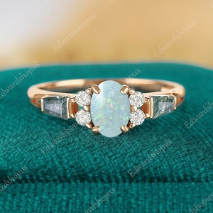 Oval opal Engagement ring, Unique Diamond rose Gold ring, Moissanite Baguette moss agate women ring for women Art Deco gift for her