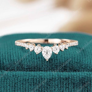 pear shaped curved wedding band women vintage moissanite wedding ring unique diamond rose gold art deco anniversary match ring gift for her