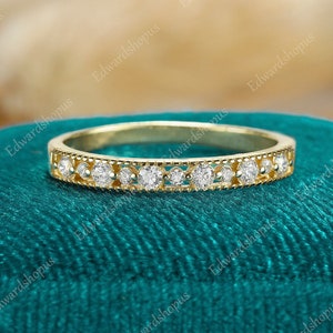 Moissanite Wedding band, women Unique wedding band, Diamond Wedding band, Art Deco yellow gold ring, vintage Anniversary gift for her