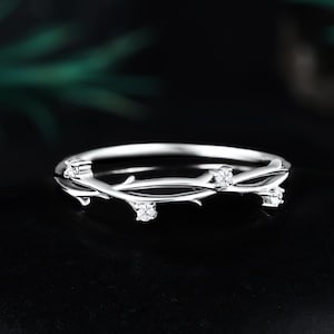 Alianza de boda con diamantes y hojas vintage, estilo art déco, en oro blanco, con forma de rama, a juego, de media eternidad, con moissanita, regalo único de aniversario para mujer