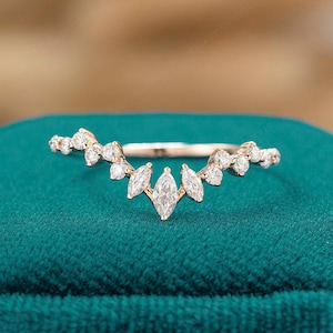moissanite wedding band women Vintage Curved wedding band half eternity rose gold marquise cut Stacking diamond Bridal band gift for her