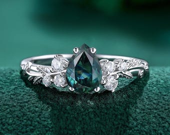 Pear blue green sapphire Engagement Ring, Leaf & Vine white gold Wedding Ring, Accent Moissanite Side Stones Promise Ring