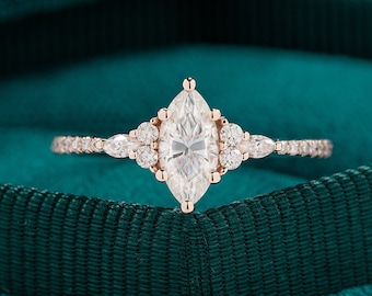 vintage moissanite Engagement Ring Marquise cut vintage Rose gold Women leaf Antique art deco Bridal diamond Unique half eternity gift