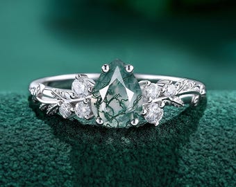 Pear moss agate Engagement Ring, White Gold Vine Leaf Band, Nature Inspired Bridal Promise Ring