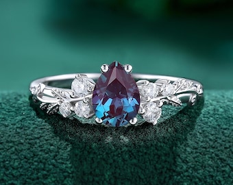 Pear Alexandrite Engagement Ring, Nature Vine Leaf Half Band White Gold Ring, Color Changing Bridal Ring, Unique Promise Ring for Women