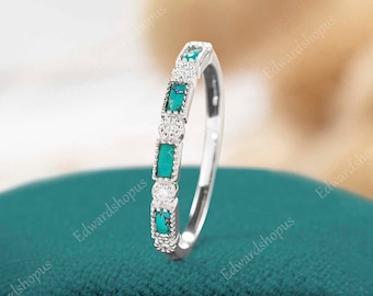 turquoise wedding band women Vintage moissanite half eternity white gold marquise cut wedding band match Stacking diamond band gift for her