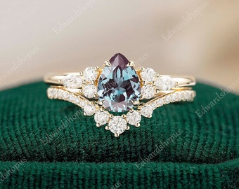 Vintage Alexandrit Verlobungsring Set Pear shaped für Frauen Jahrestag Geschenk für sie Moissanit Roségold Ring Diamant Art Deco