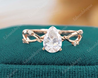 moissanite Engagement ring Unique pear shaped Vintage Engagement ring rose gold Diamond art deco leaf ring for women Anniversary gift