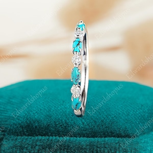 Fede nuziale turchese da donna, fede nuziale vintage in oro bianco con taglio marquise e mezza eternità in moissanite, fede nuziale con diamanti impilabili, regalo per lei