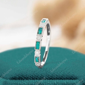 turquoise wedding band women Vintage moissanite half eternity white gold marquise cut wedding band match Stacking diamond band gift for her