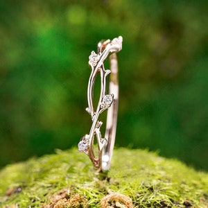 Aliança de casamento vintage com diamantes, estilo art déco, folhas, ouro rosa e galhos, meia aliança com design exclusivo em moissanita, presente perfeito para mulheres em aniversários.