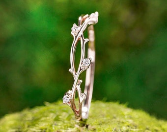 vintage Diamond wedding band art deco leaf Rose gold branch matching band Half eternity twig band unique moissanite anniversary women gift