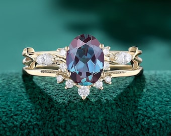 Oval cut Lab Alexandrite Engagement Ring Set, Leaf Nature Inspired, Color-Shifting bridal set for women