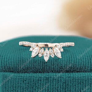 Curved moissanite wedding band women Vintage half eternity rose gold marquise cut wedding band Stacking diamond Bridal band gift for her