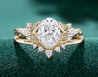 Oval Lab Diamond Engagement Ring Set, Leaf Vine Design, IGI Certified Nature Inspired for women